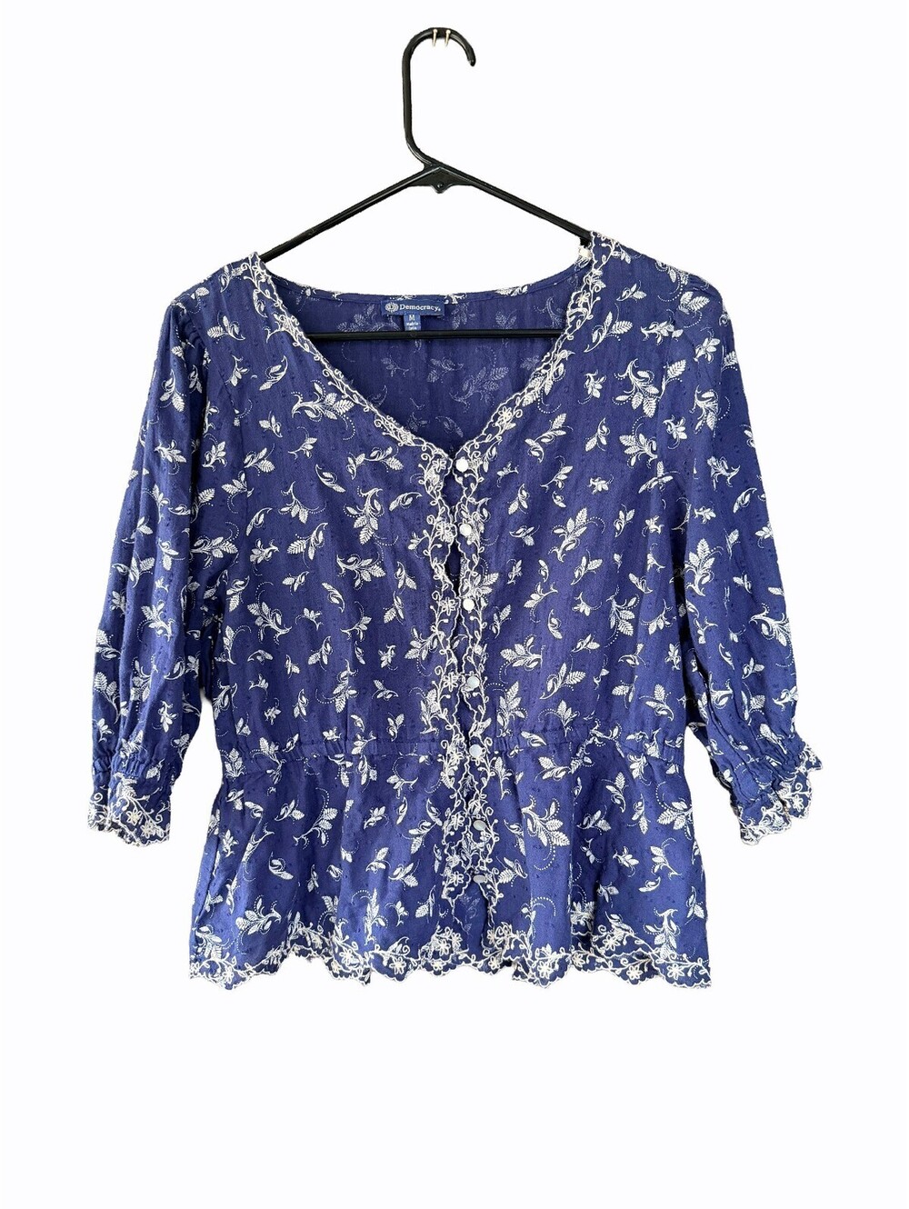 Democracy Navy Floral Embroidered Peplum Blouse Size M Boho Cottagecore Cotton